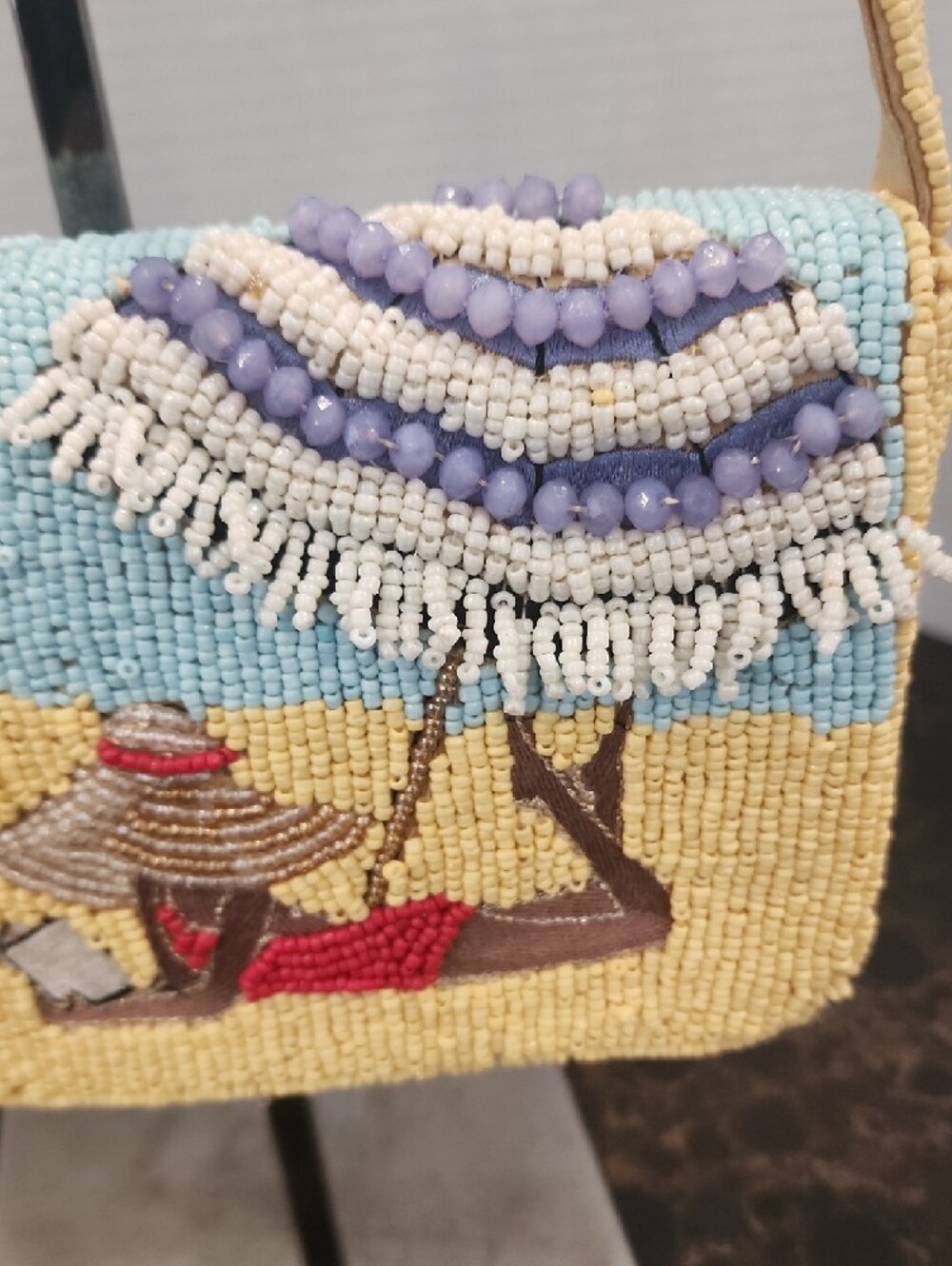 Beaded Beach Scene Bag in Light Blue and Yellow - Picture 6 of 7